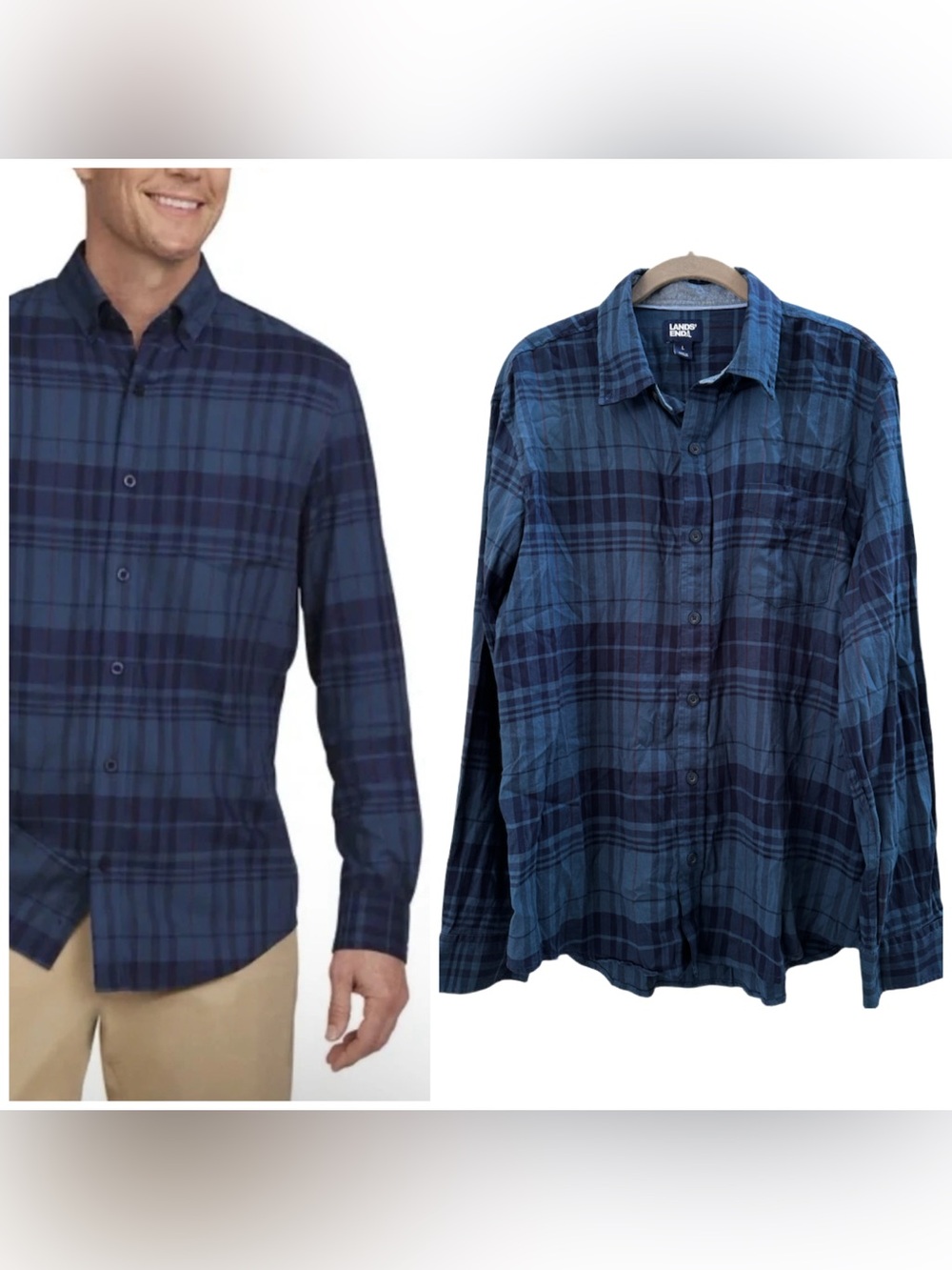 Lands End Men’s Navy Blue Plaid Button Down Long Sleeve Shirt Large